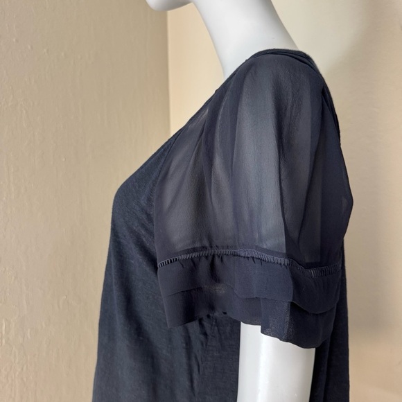 REBECCA TAYLOR Navy Sheer Flutter Sleeve Knit Top Silk and Linen Size Large - Picture 9 of 16